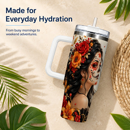 Floral Sugar Skull Woman 40oz Tumbler with Handle, Butterfly Travel Cup