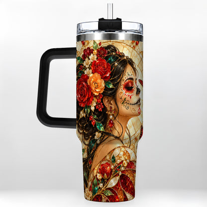 #pl[40oz|Black] Floral Sugar Skull Woman 40oz Tumbler with Handle, Mosaic Travel Cup