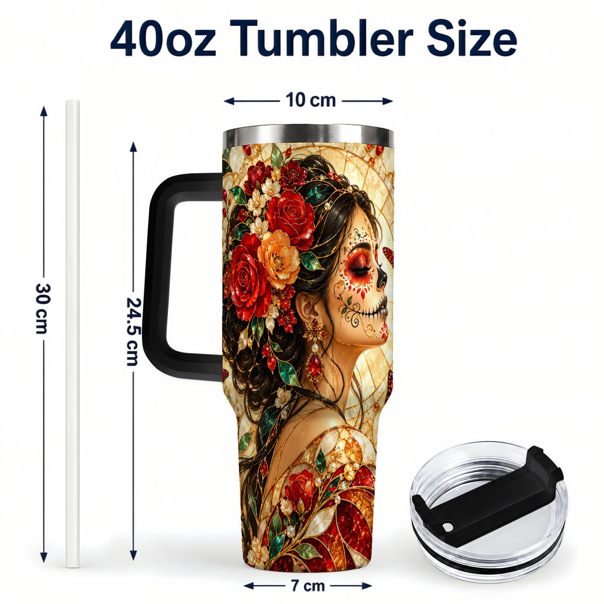 #pl[40oz|Black] Floral Sugar Skull Woman 40oz Tumbler with Handle, Mosaic Travel Cup