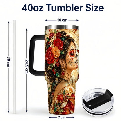 #pl[40oz|Black] Floral Sugar Skull Woman 40oz Tumbler with Handle, Mosaic Travel Cup