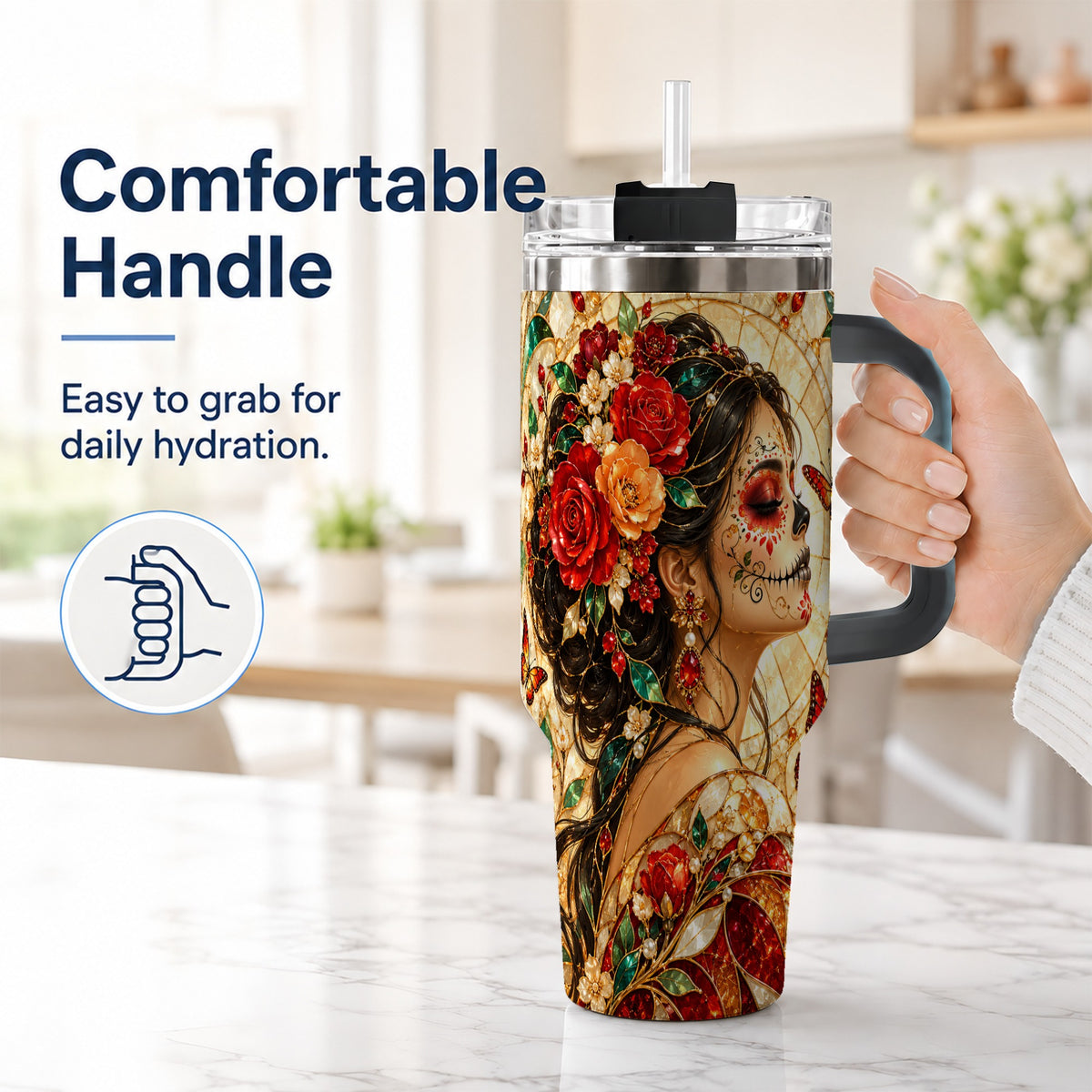 #pl[40oz|Black] Floral Sugar Skull Woman 40oz Tumbler with Handle, Mosaic Travel Cup