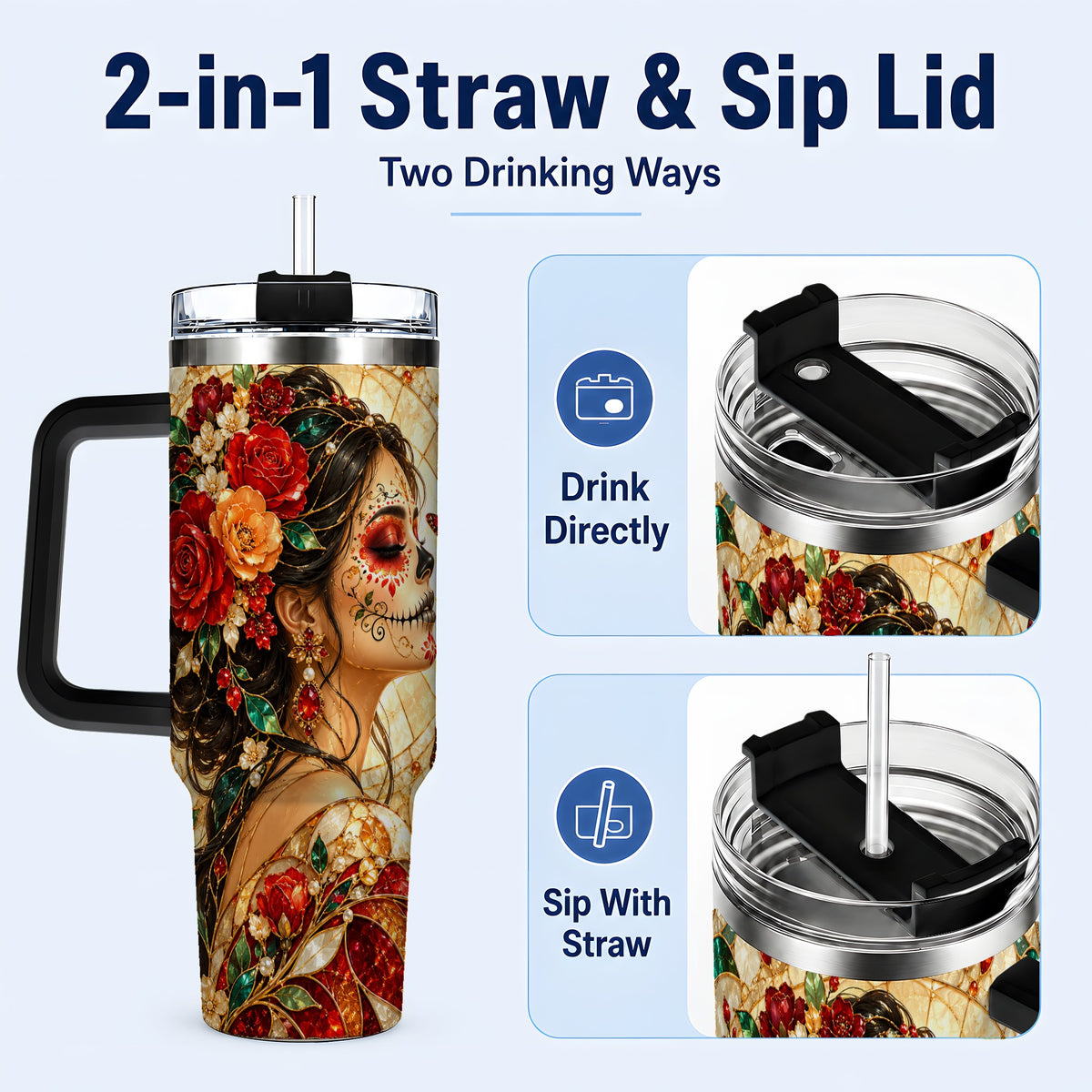 #pl[40oz|Black] Floral Sugar Skull Woman 40oz Tumbler with Handle, Mosaic Travel Cup