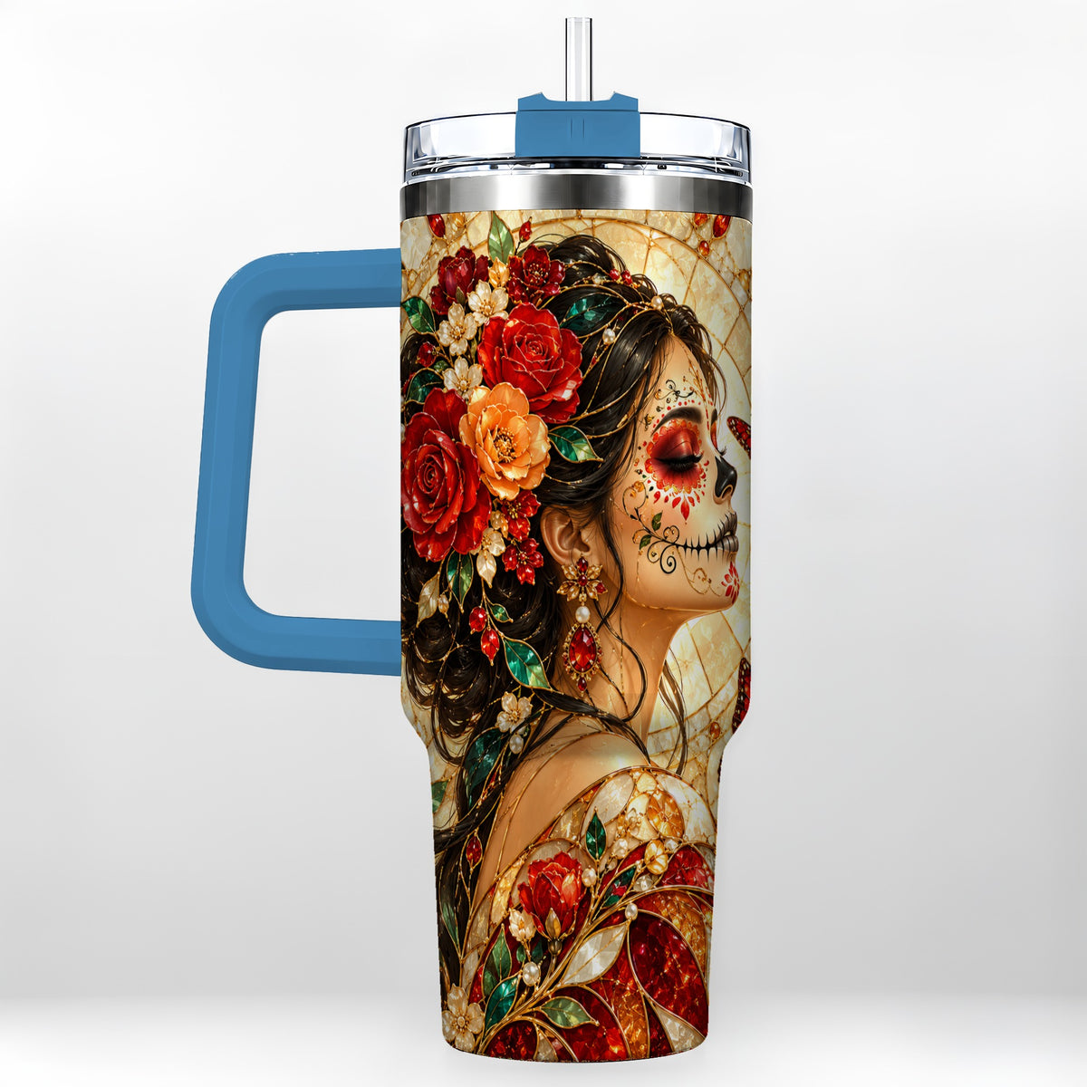 #pl[40oz|Blue] Floral Sugar Skull Woman 40oz Tumbler with Handle, Mosaic Travel Cup
