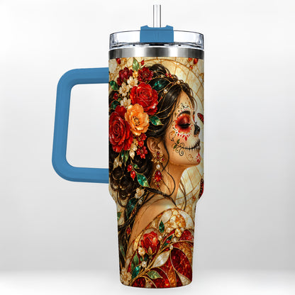 #pl[40oz|Blue] Floral Sugar Skull Woman 40oz Tumbler with Handle, Mosaic Travel Cup