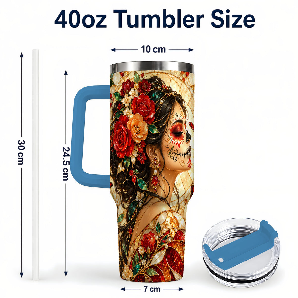 #pl[40oz|Blue] Floral Sugar Skull Woman 40oz Tumbler with Handle, Mosaic Travel Cup