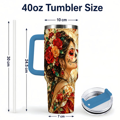 #pl[40oz|Blue] Floral Sugar Skull Woman 40oz Tumbler with Handle, Mosaic Travel Cup