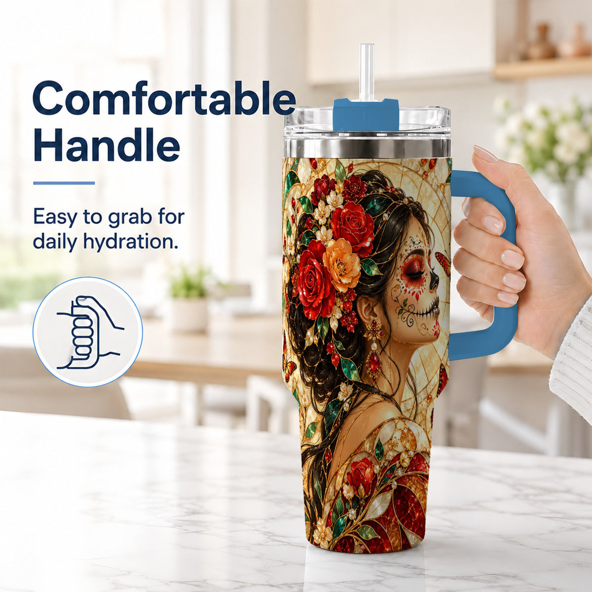 #pl[40oz|Blue] Floral Sugar Skull Woman 40oz Tumbler with Handle, Mosaic Travel Cup