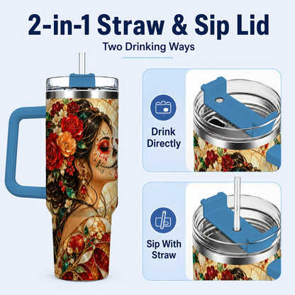 #pl[40oz|Blue] Floral Sugar Skull Woman 40oz Tumbler with Handle, Mosaic Travel Cup