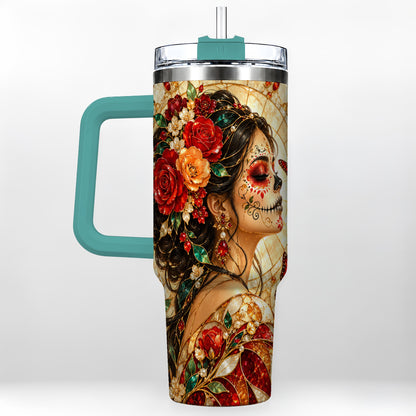 #pl[40oz|Green] Floral Sugar Skull Woman 40oz Tumbler with Handle, Mosaic Travel Cup