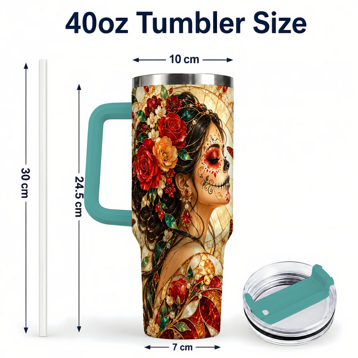 #pl[40oz|Green] Floral Sugar Skull Woman 40oz Tumbler with Handle, Mosaic Travel Cup
