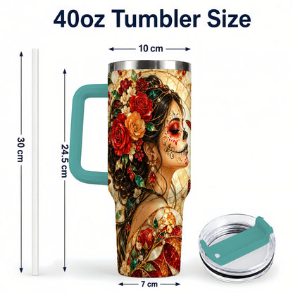 #pl[40oz|Green] Floral Sugar Skull Woman 40oz Tumbler with Handle, Mosaic Travel Cup