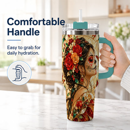 #pl[40oz|Green] Floral Sugar Skull Woman 40oz Tumbler with Handle, Mosaic Travel Cup