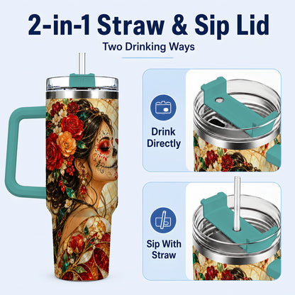 #pl[40oz|Green] Floral Sugar Skull Woman 40oz Tumbler with Handle, Mosaic Travel Cup