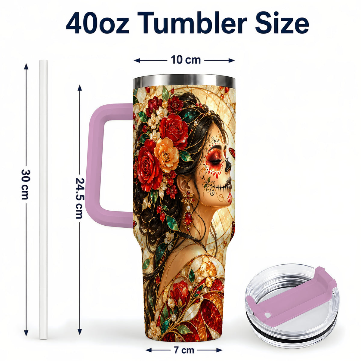 #pl[40oz|Pink] Floral Sugar Skull Woman 40oz Tumbler with Handle, Mosaic Travel Cup