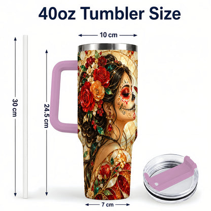 #pl[40oz|Pink] Floral Sugar Skull Woman 40oz Tumbler with Handle, Mosaic Travel Cup