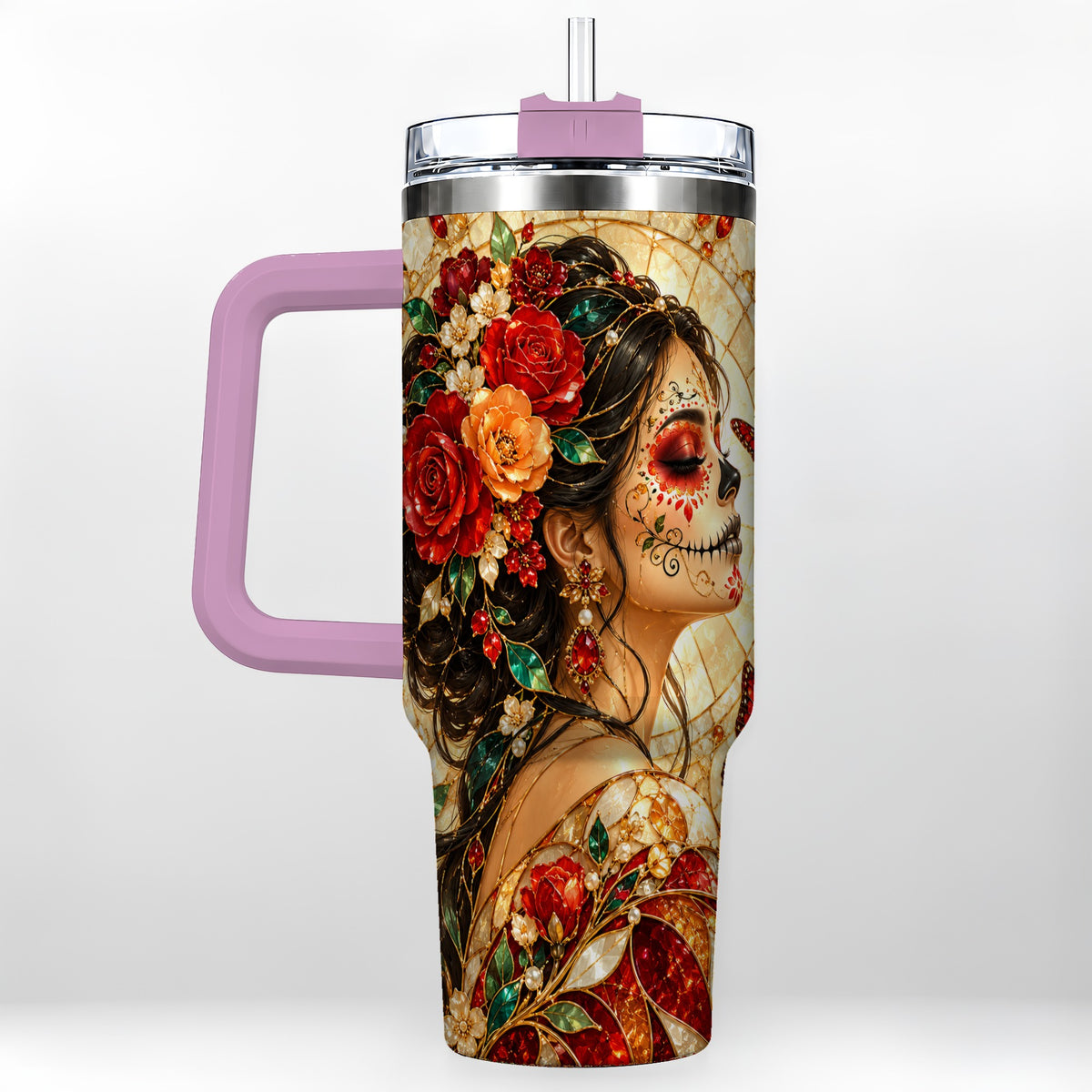 #pl[40oz|Pink] Floral Sugar Skull Woman 40oz Tumbler with Handle, Mosaic Travel Cup