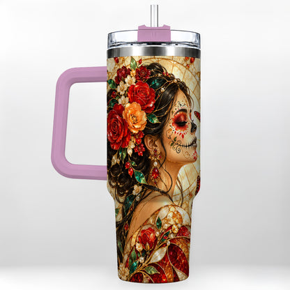 #pl[40oz|Pink] Floral Sugar Skull Woman 40oz Tumbler with Handle, Mosaic Travel Cup