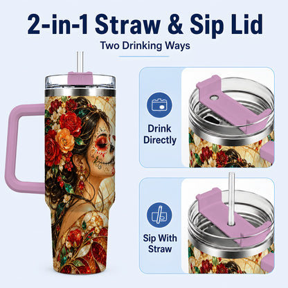 #pl[40oz|Pink] Floral Sugar Skull Woman 40oz Tumbler with Handle, Mosaic Travel Cup