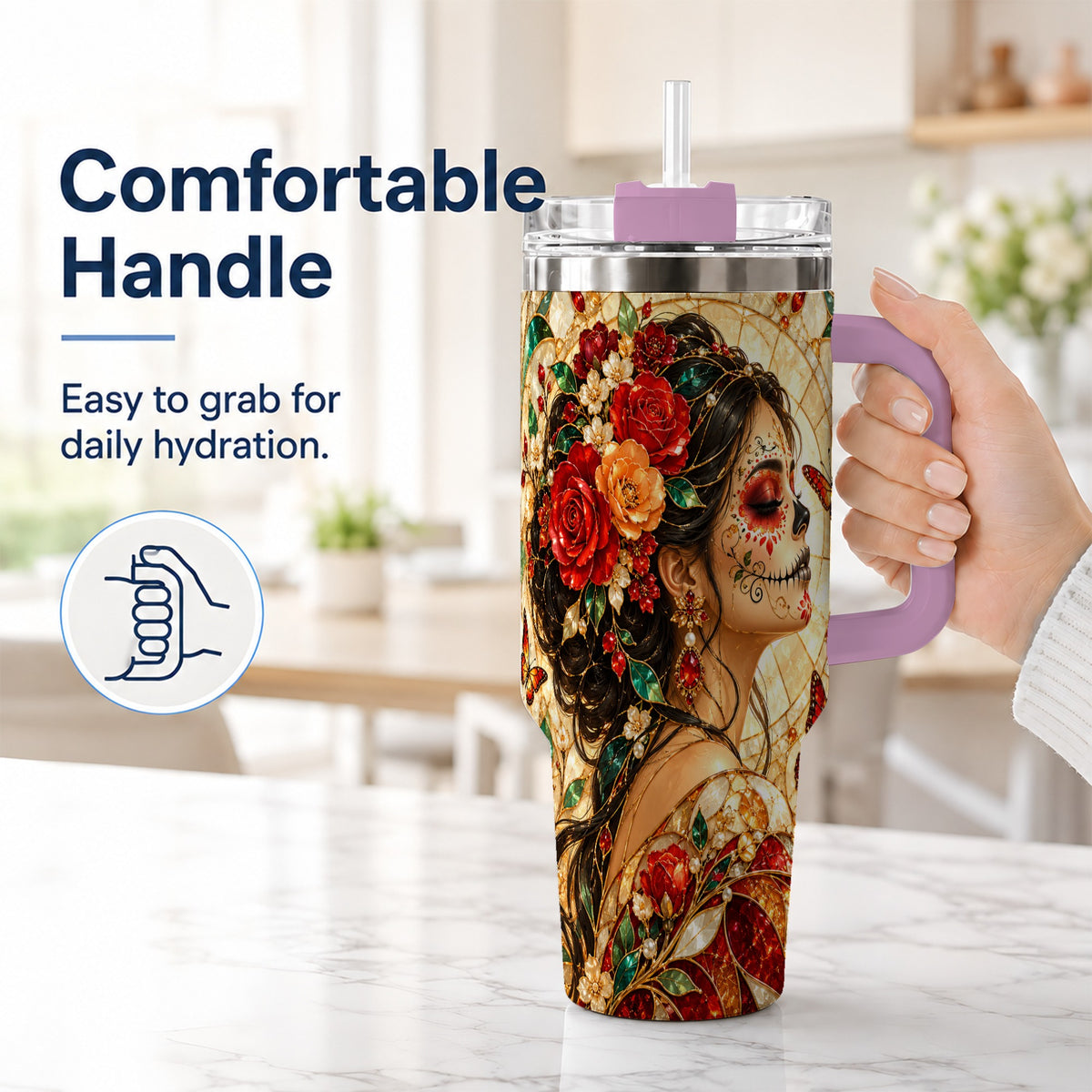 #pl[40oz|Pink] Floral Sugar Skull Woman 40oz Tumbler with Handle, Mosaic Travel Cup