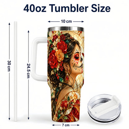 #pl[40oz|White] Floral Sugar Skull Woman 40oz Tumbler with Handle, Mosaic Travel Cup