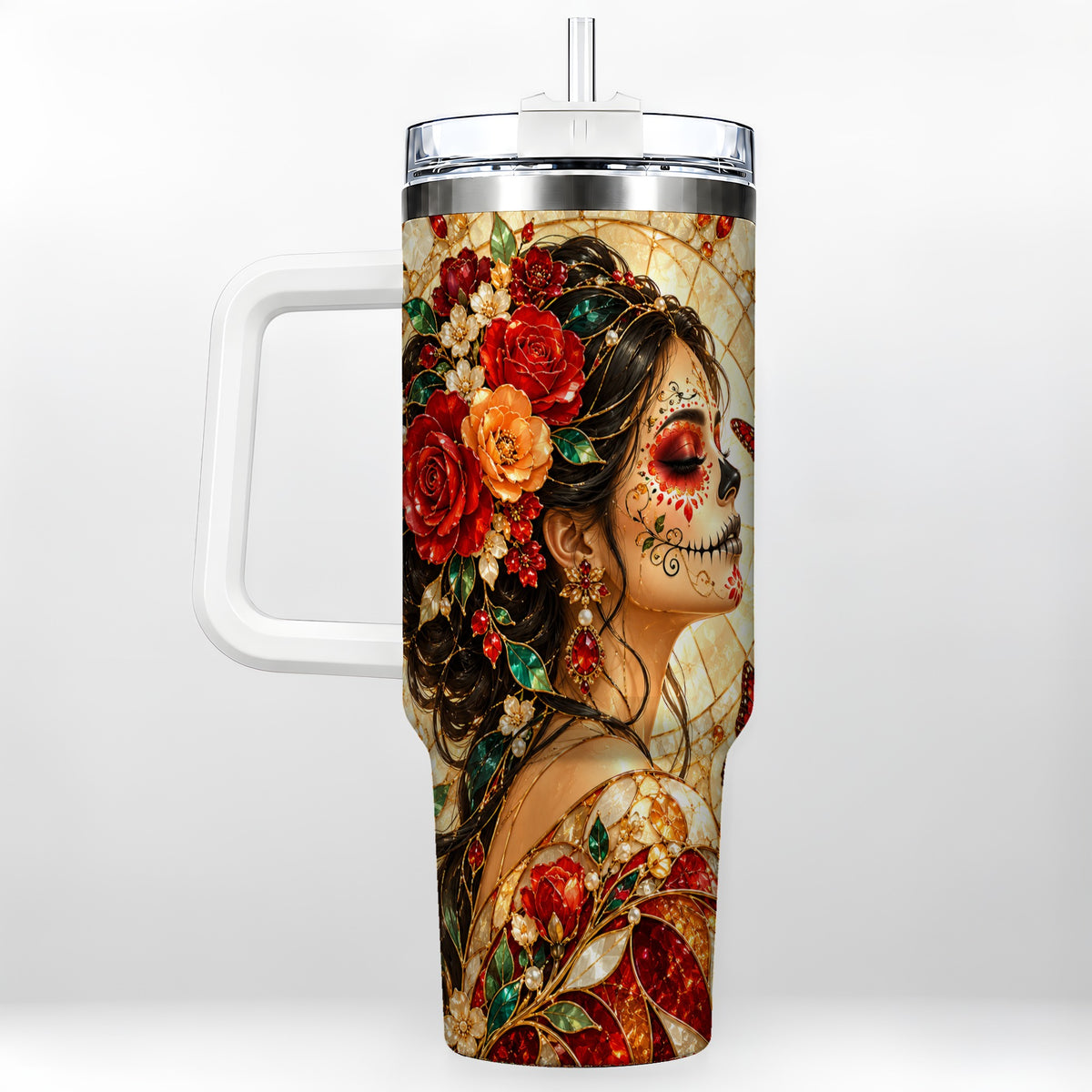 Floral Sugar Skull Woman 40oz Tumbler with Handle, Mosaic Travel Cup