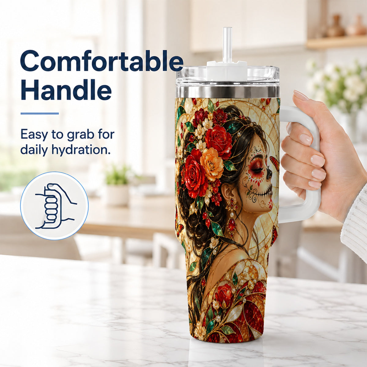 #pl[40oz|White] Floral Sugar Skull Woman 40oz Tumbler with Handle, Mosaic Travel Cup