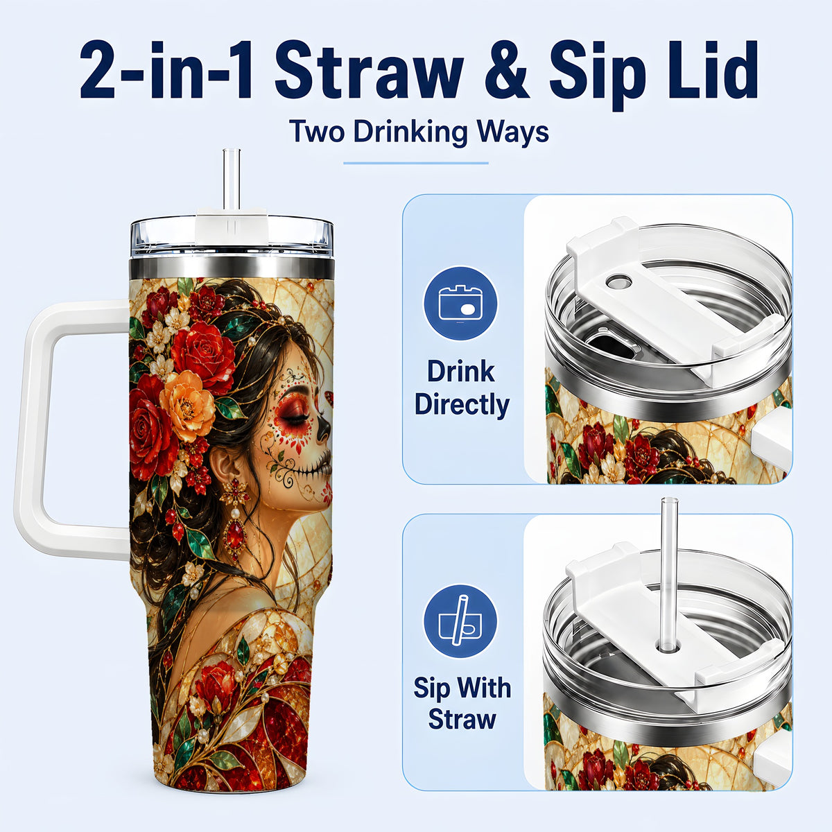 #pl[40oz|White] Floral Sugar Skull Woman 40oz Tumbler with Handle, Mosaic Travel Cup