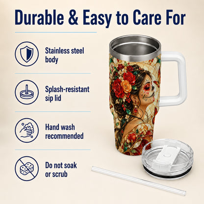 Floral Sugar Skull Woman 40oz Tumbler with Handle, Mosaic Travel Cup
