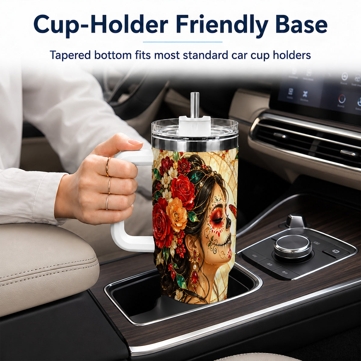Floral Sugar Skull Woman 40oz Tumbler with Handle, Mosaic Travel Cup