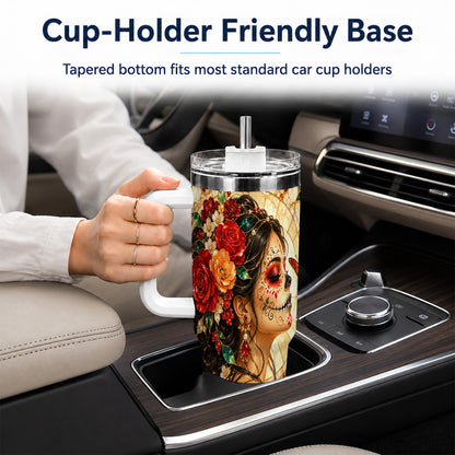 Floral Sugar Skull Woman 40oz Tumbler with Handle, Mosaic Travel Cup