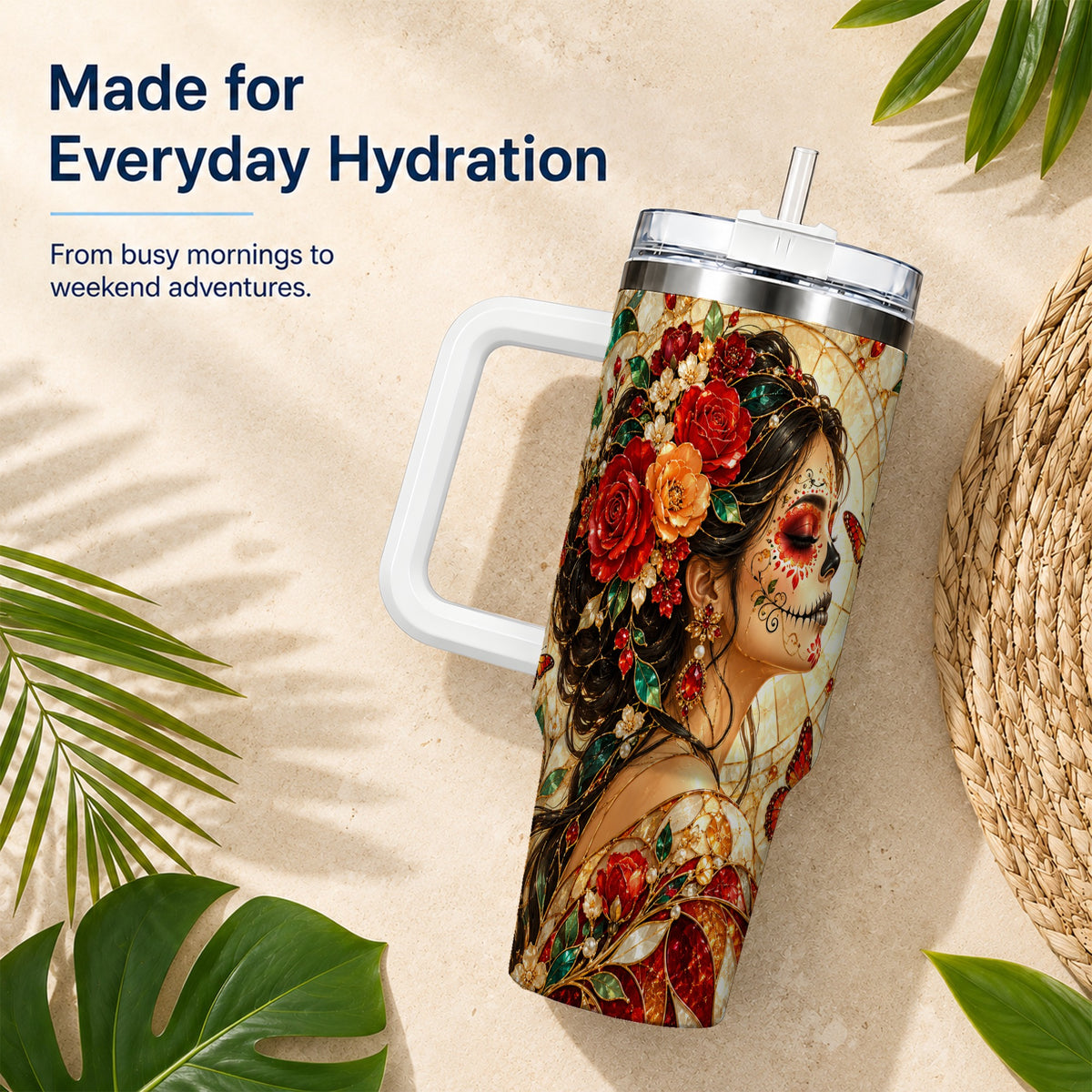 Floral Sugar Skull Woman 40oz Tumbler with Handle, Mosaic Travel Cup
