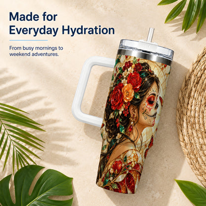 Floral Sugar Skull Woman 40oz Tumbler with Handle, Mosaic Travel Cup