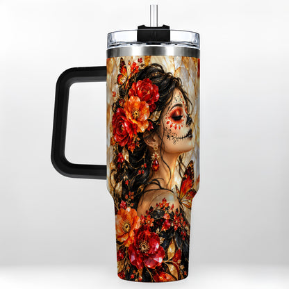 #pl[40oz|Black] Floral Sugar Skull Woman 40oz Tumbler with Handle, Butterfly Travel Cup