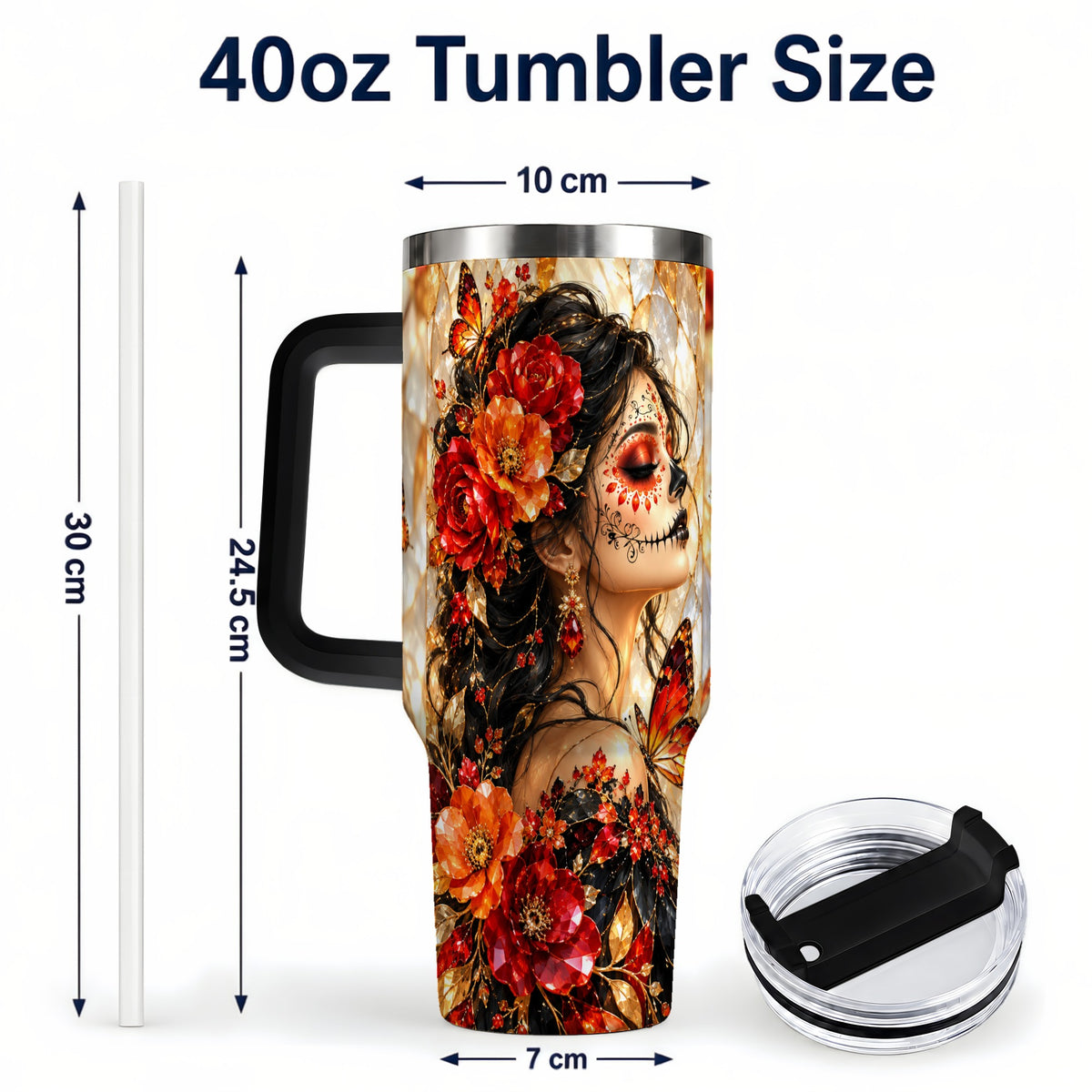 #pl[40oz|Black] Floral Sugar Skull Woman 40oz Tumbler with Handle, Butterfly Travel Cup