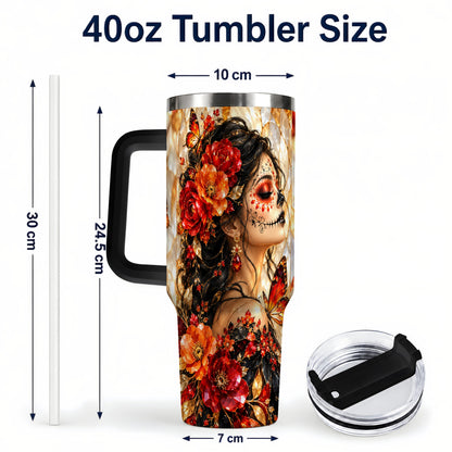#pl[40oz|Black] Floral Sugar Skull Woman 40oz Tumbler with Handle, Butterfly Travel Cup