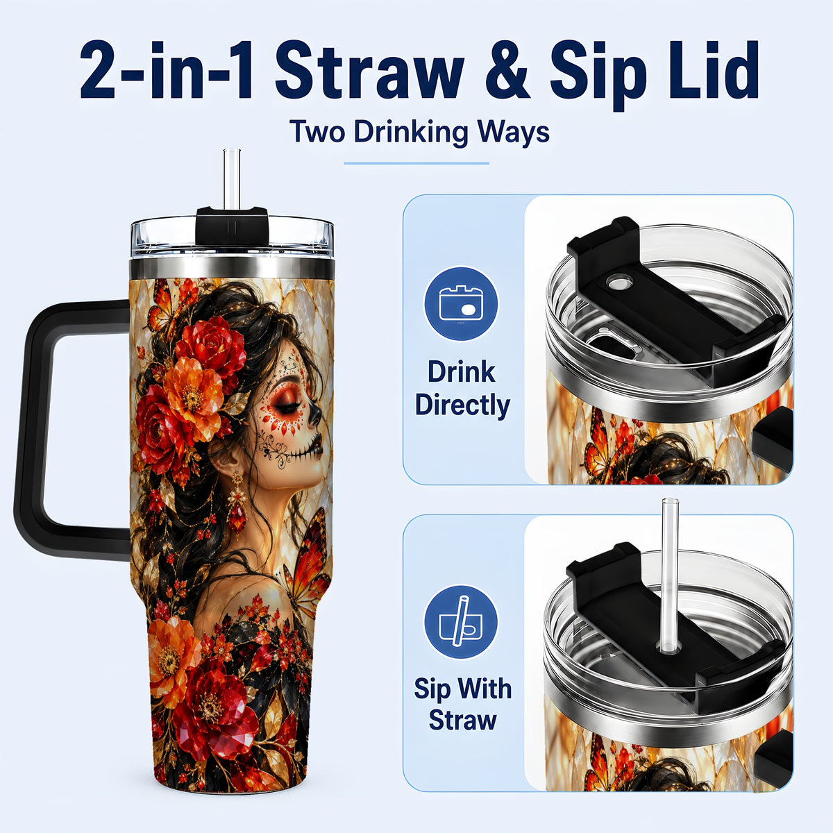 #pl[40oz|Black] Floral Sugar Skull Woman 40oz Tumbler with Handle, Butterfly Travel Cup