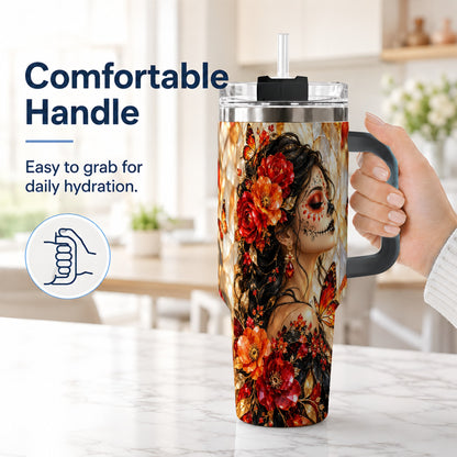 #pl[40oz|Black] Floral Sugar Skull Woman 40oz Tumbler with Handle, Butterfly Travel Cup