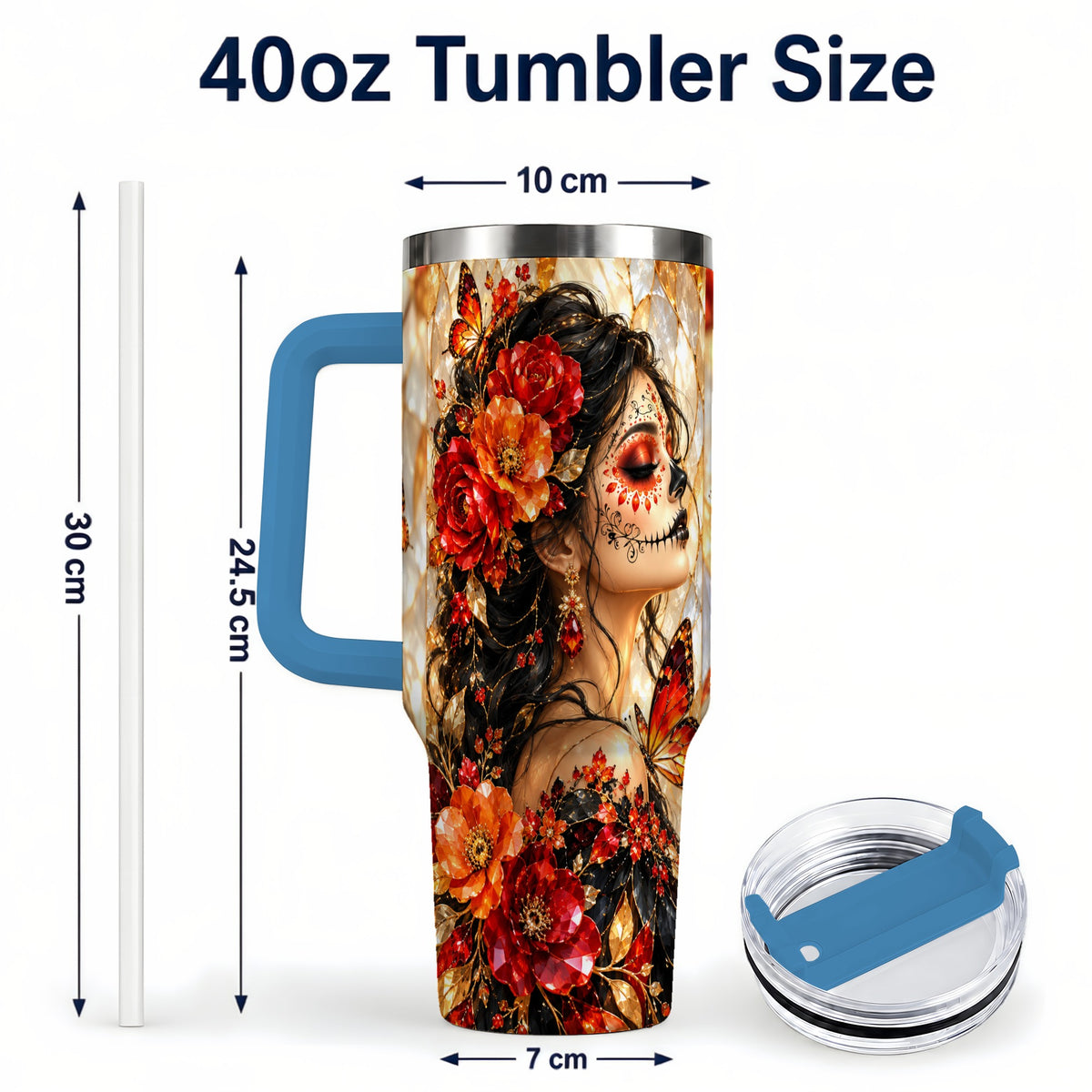 #pl[40oz|Blue] Floral Sugar Skull Woman 40oz Tumbler with Handle, Butterfly Travel Cup