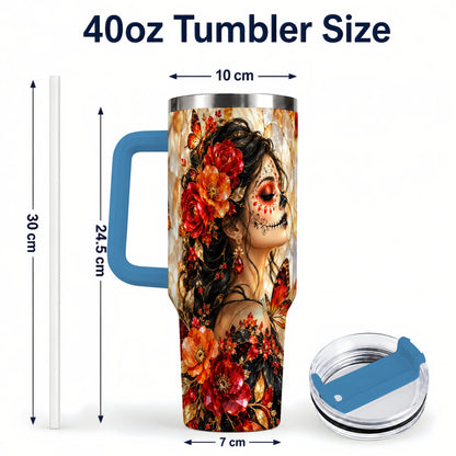 #pl[40oz|Blue] Floral Sugar Skull Woman 40oz Tumbler with Handle, Butterfly Travel Cup