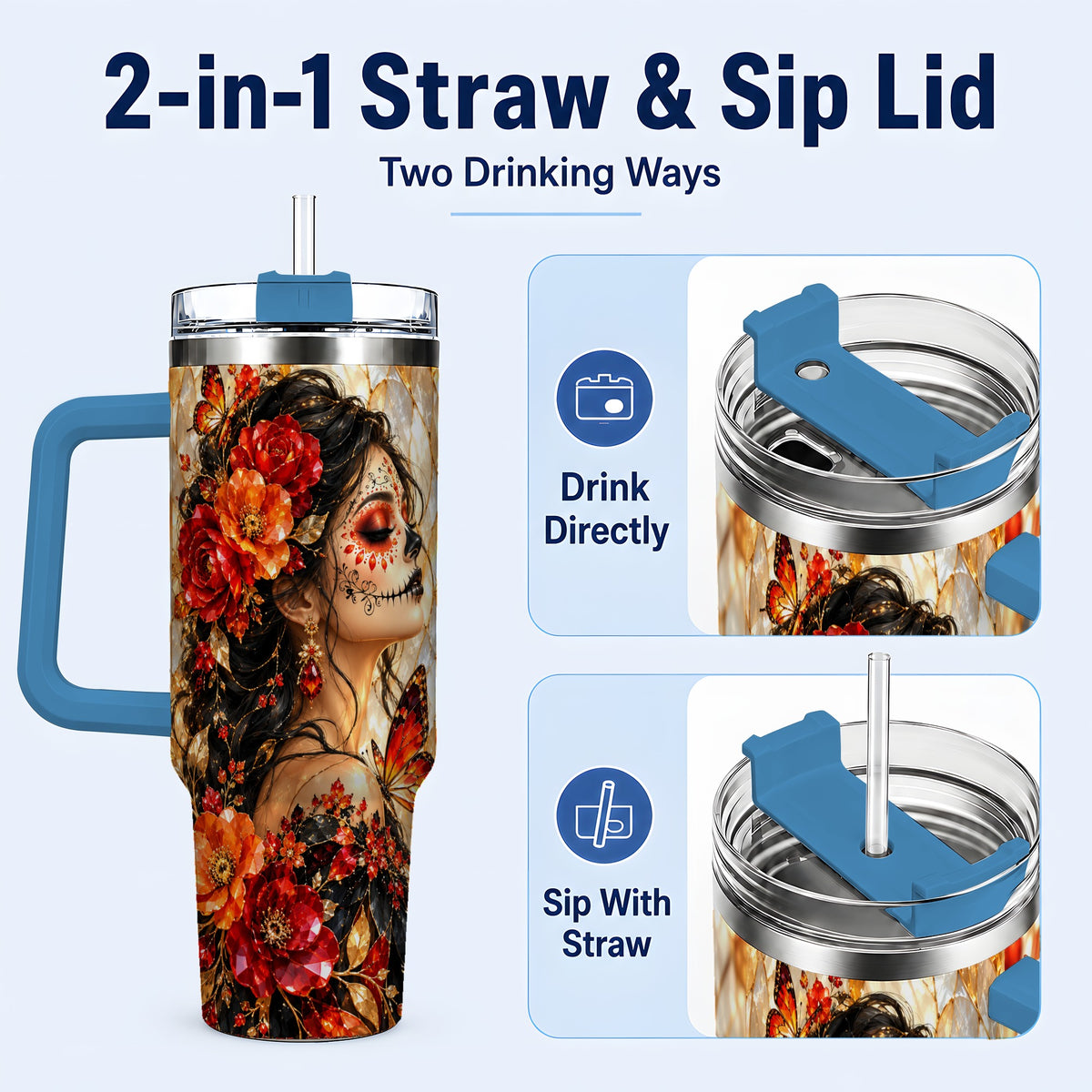 #pl[40oz|Blue] Floral Sugar Skull Woman 40oz Tumbler with Handle, Butterfly Travel Cup