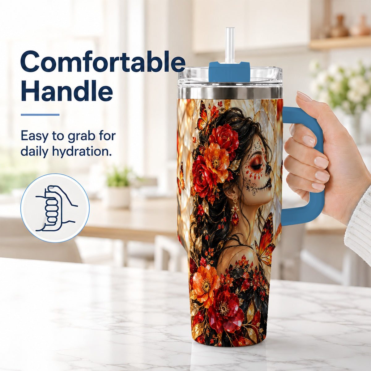 #pl[40oz|Blue] Floral Sugar Skull Woman 40oz Tumbler with Handle, Butterfly Travel Cup
