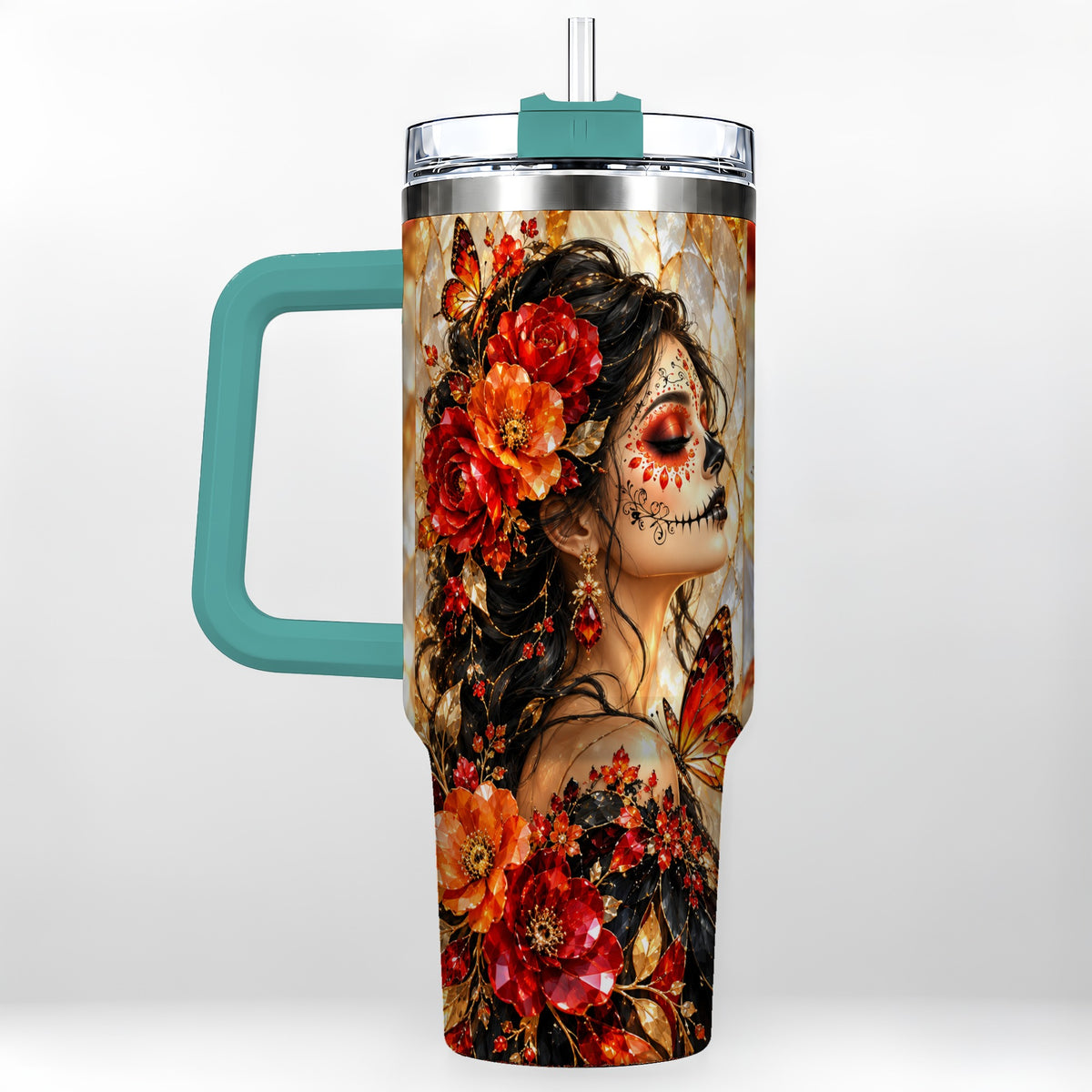 #pl[40oz|Green] Floral Sugar Skull Woman 40oz Tumbler with Handle, Butterfly Travel Cup