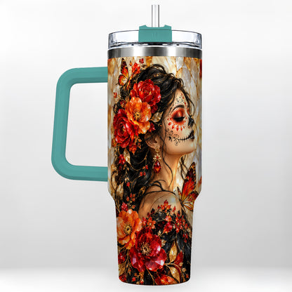 #pl[40oz|Green] Floral Sugar Skull Woman 40oz Tumbler with Handle, Butterfly Travel Cup