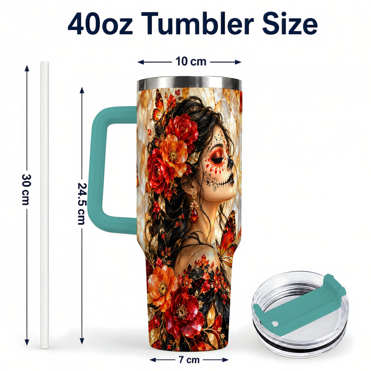 #pl[40oz|Green] Floral Sugar Skull Woman 40oz Tumbler with Handle, Butterfly Travel Cup