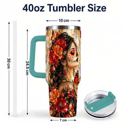 #pl[40oz|Green] Floral Sugar Skull Woman 40oz Tumbler with Handle, Butterfly Travel Cup