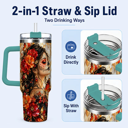 #pl[40oz|Green] Floral Sugar Skull Woman 40oz Tumbler with Handle, Butterfly Travel Cup
