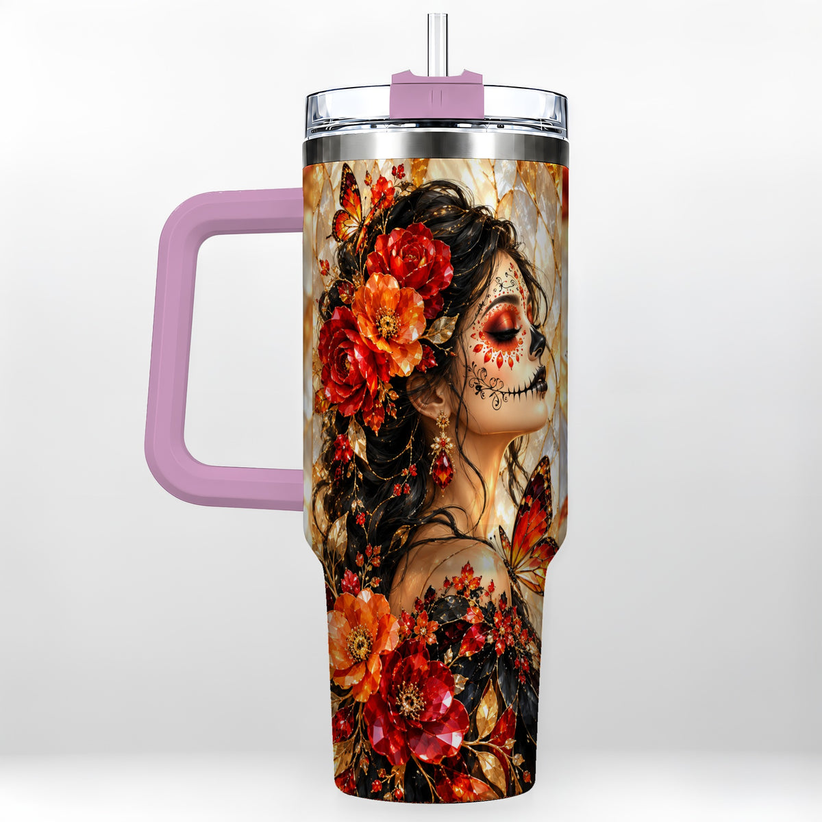 #pl[40oz|Pink] Floral Sugar Skull Woman 40oz Tumbler with Handle, Butterfly Travel Cup