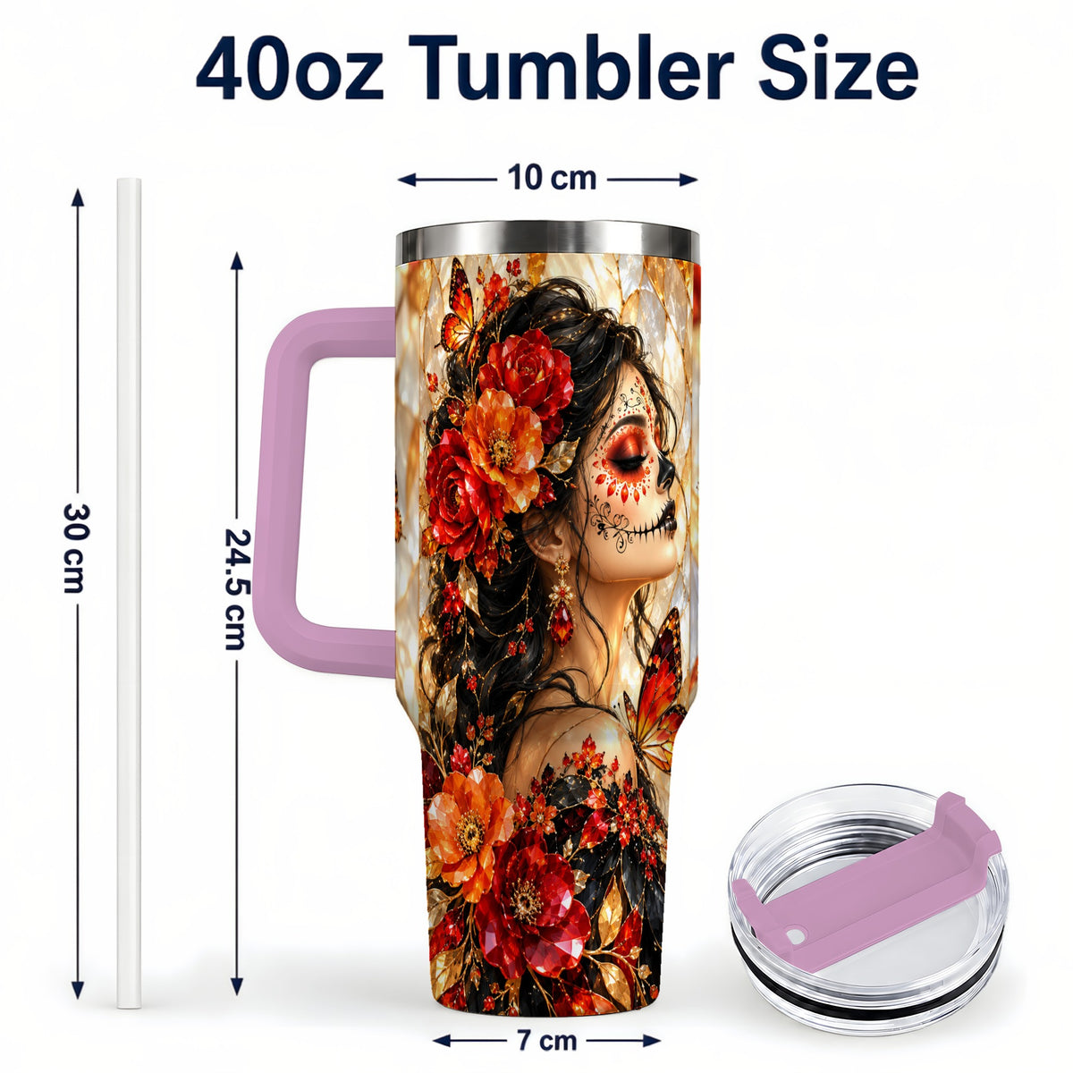 #pl[40oz|Pink] Floral Sugar Skull Woman 40oz Tumbler with Handle, Butterfly Travel Cup