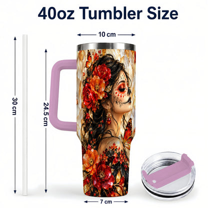 #pl[40oz|Pink] Floral Sugar Skull Woman 40oz Tumbler with Handle, Butterfly Travel Cup