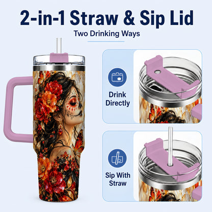 #pl[40oz|Pink] Floral Sugar Skull Woman 40oz Tumbler with Handle, Butterfly Travel Cup